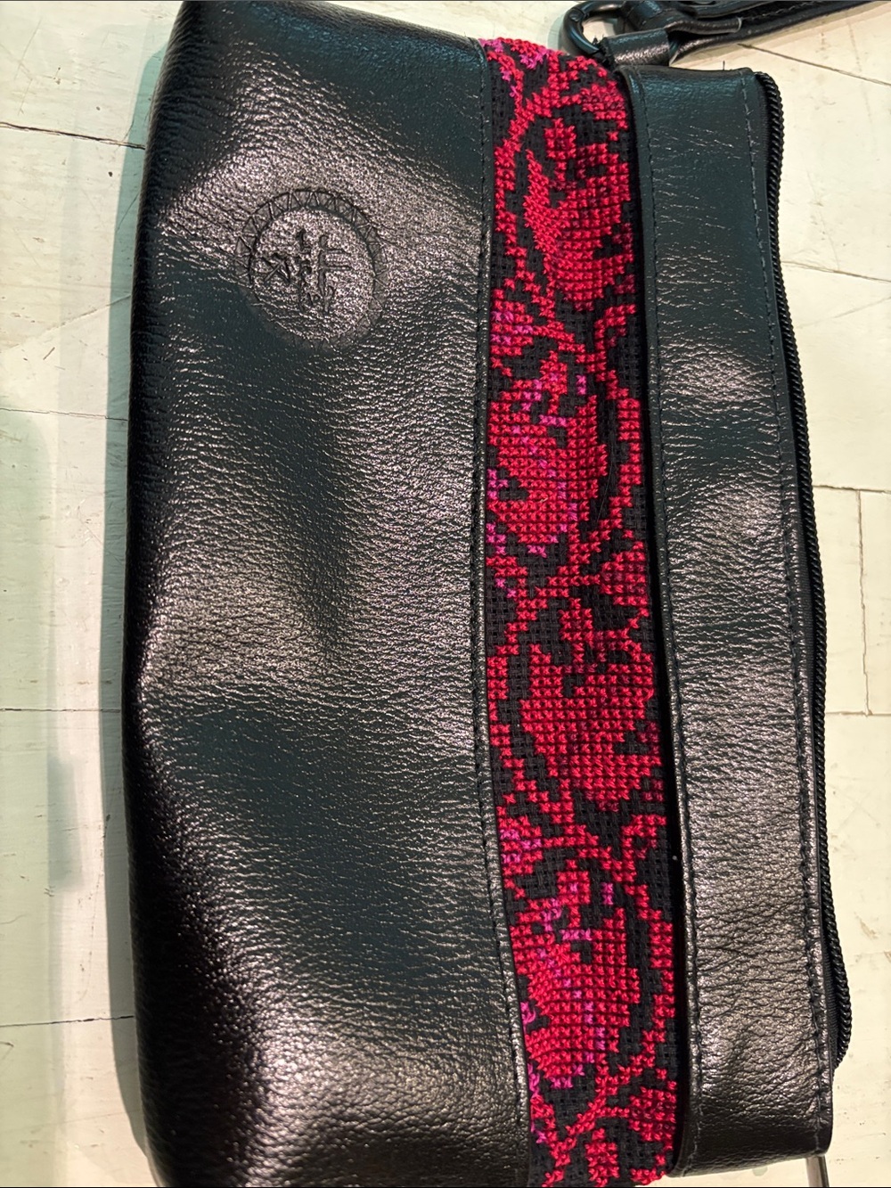 Black Leather Wristlet Clutch with Red Embroidered Accent - Picture 2 of 6